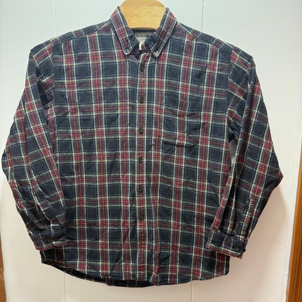 LL Bean Mens Flannel Shirt Size Large Plaid Button Down Cotton Navy Red